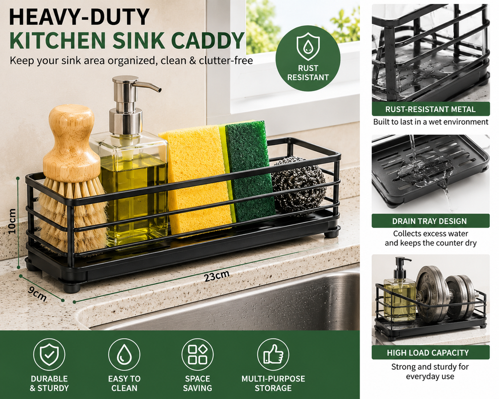 **1-Pack Heavy-Duty Kitchen Sink Caddy – Rust-Resistant Metal Storage Rack with Drain Tray, High Load Capacity Kitchen Organizer – 23×9×10cm**