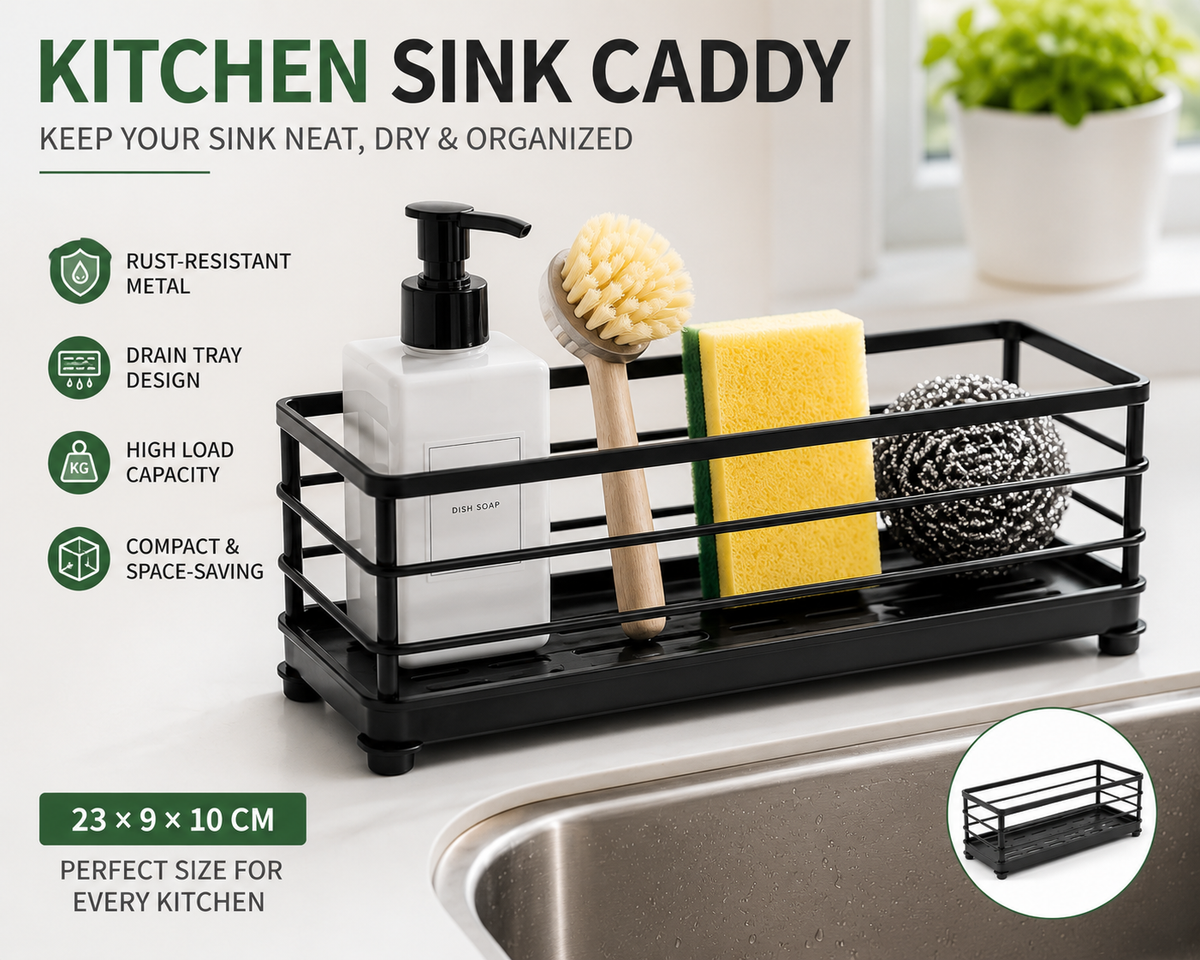 **1-Pack Heavy-Duty Kitchen Sink Caddy – Rust-Resistant Metal Storage Rack with Drain Tray, High Load Capacity Kitchen Organizer – 23×9×10cm**