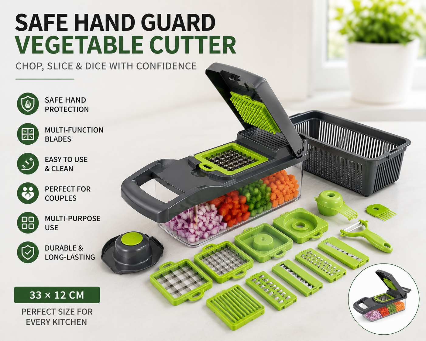 Valentine’s Gift Safe Hand Guard Vegetable Cutter – Finger Protection Kitchen Slicer for Couples Cooking Together – 33x12cm