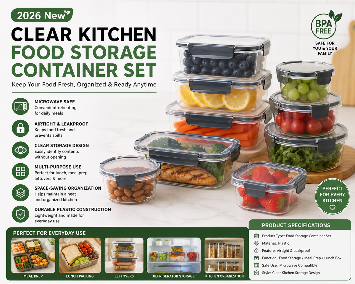2026 New Clear Kitchen Food Storage Container Set – Microwave Safe Multifunctional Plastic Lunch Box with Lid, Airtight & Leakproof