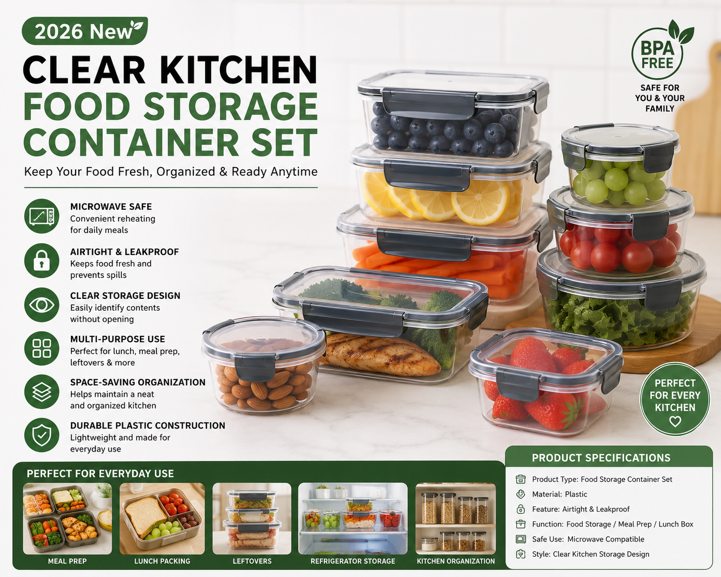 2026 New Clear Kitchen Food Storage Container Set – Microwave Safe Multifunctional Plastic Lunch Box with Lid, Airtight & Leakproof