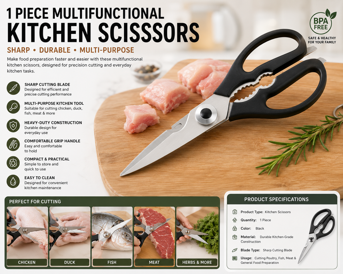 1 Piece Multifunctional Kitchen Scissors – Heavy Duty Sharp Blade Kitchen Shears for Cutting Chicken, Duck, Fish & Meat – Black